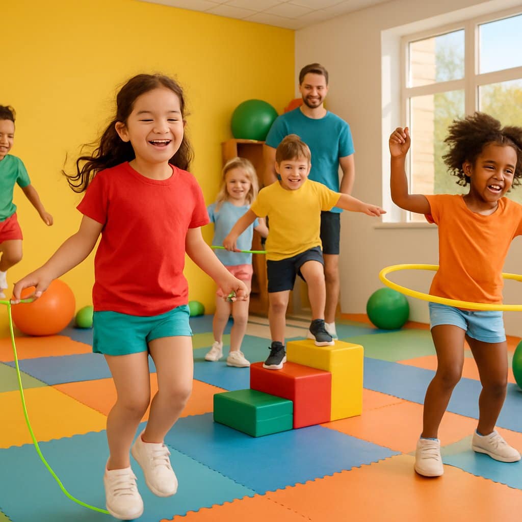 Children playing and exercising with jump ropes, hula hoops, and foam blocks in a bright indoor playroom supervised by an adult.