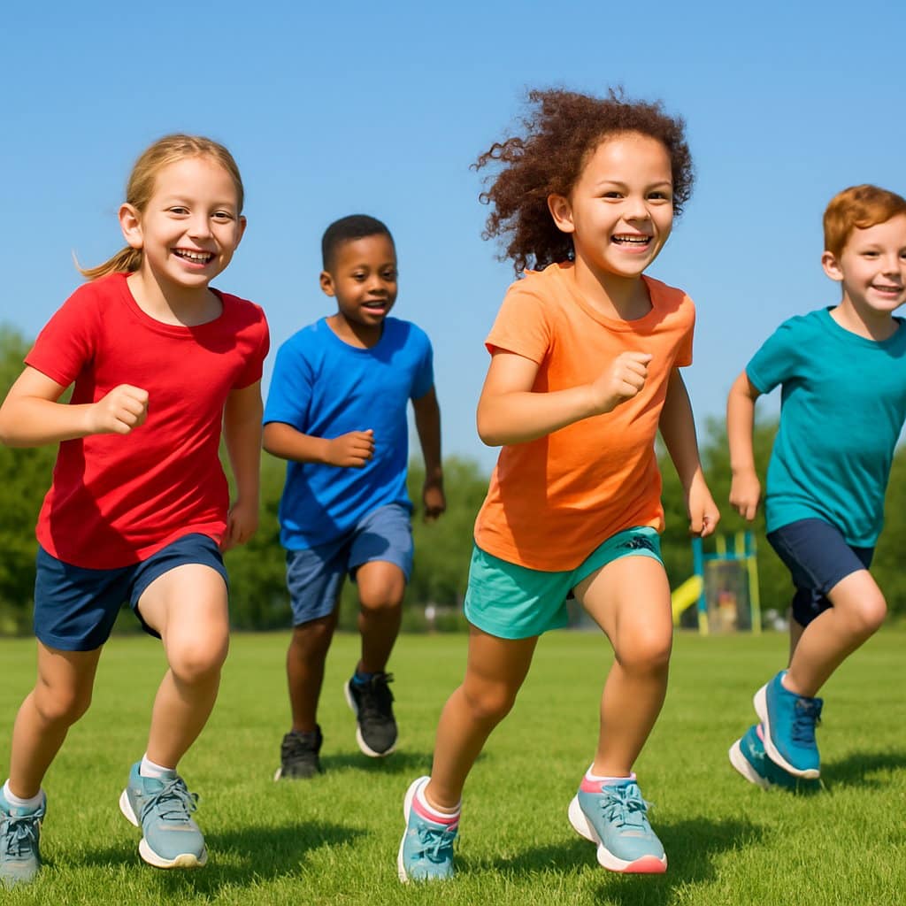 A group of children running and exercising outdoors on a sunny day in a green park.