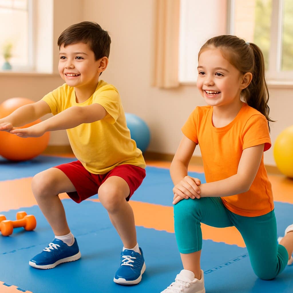Two children exercising indoors, one doing squats and the other lunges, smiling and active.