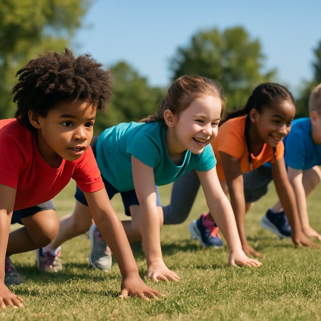 Children crawling on hands and feet outdoors during exercise on a grassy field.