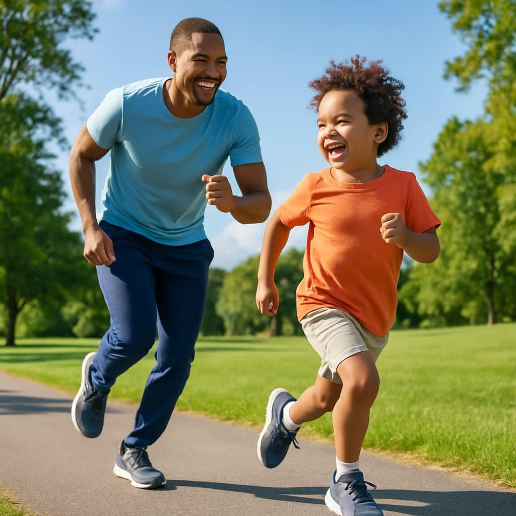 A parent and child running together on a sunny park path, smiling and enjoying exercise.