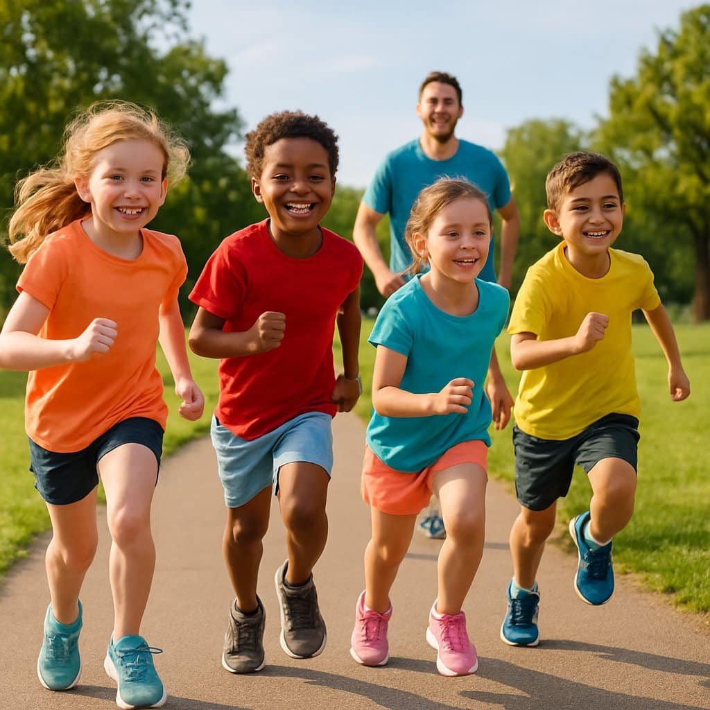 Children running outdoors in a park with a parent encouraging them, surrounded by green grass and trees on a sunny day.