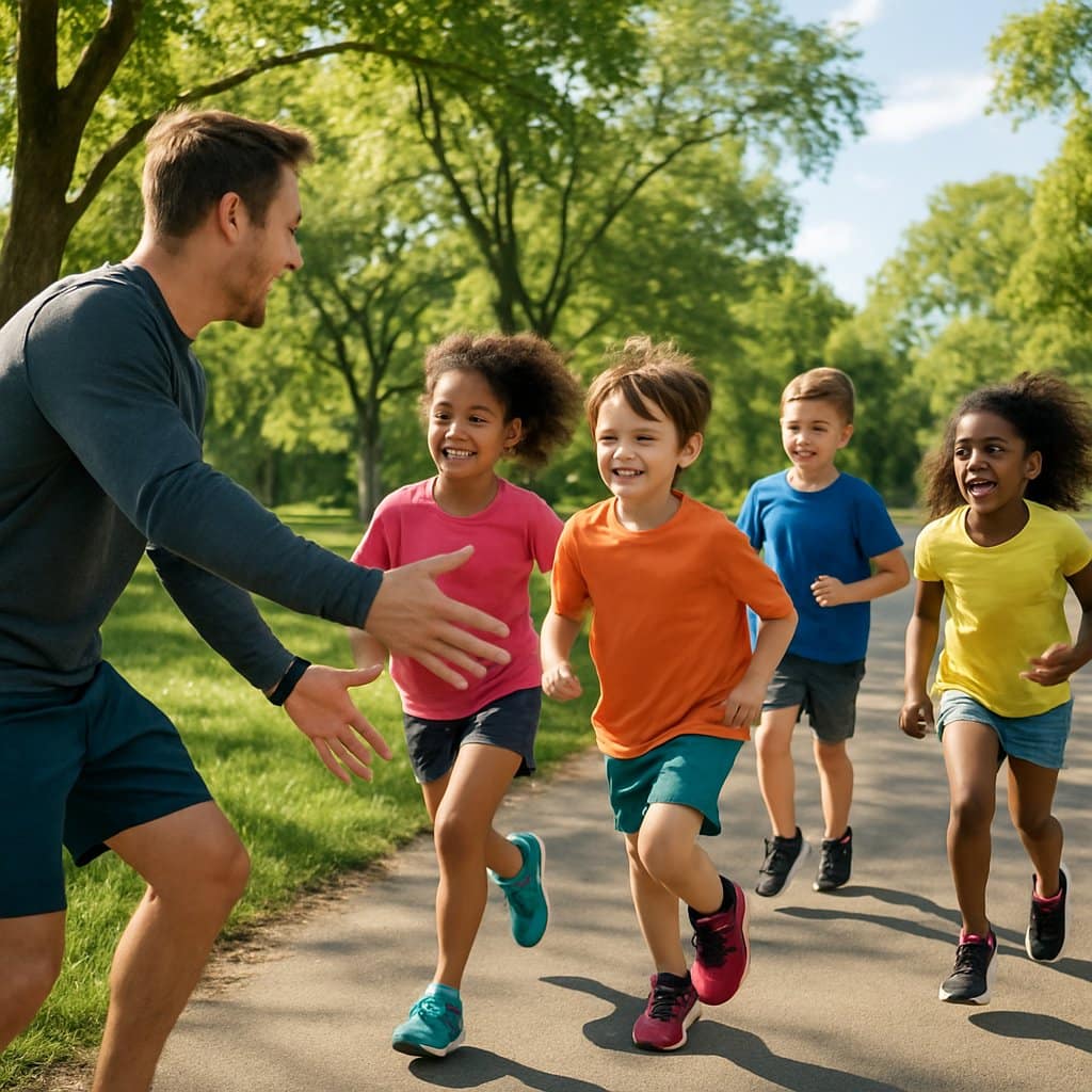 Children running along a park path with a parent encouraging them on a sunny day.