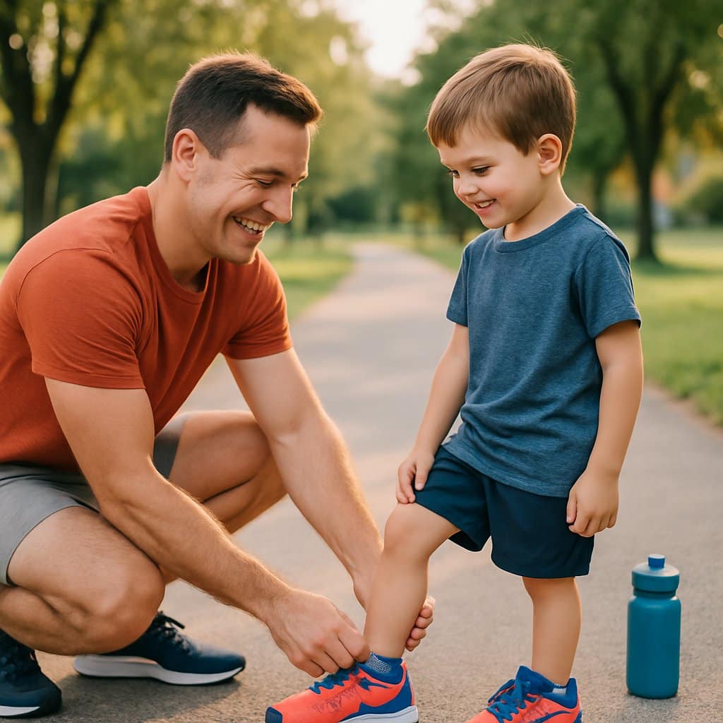 A parent helping their child put on running shoes outdoors near a running path surrounded by grass and trees.