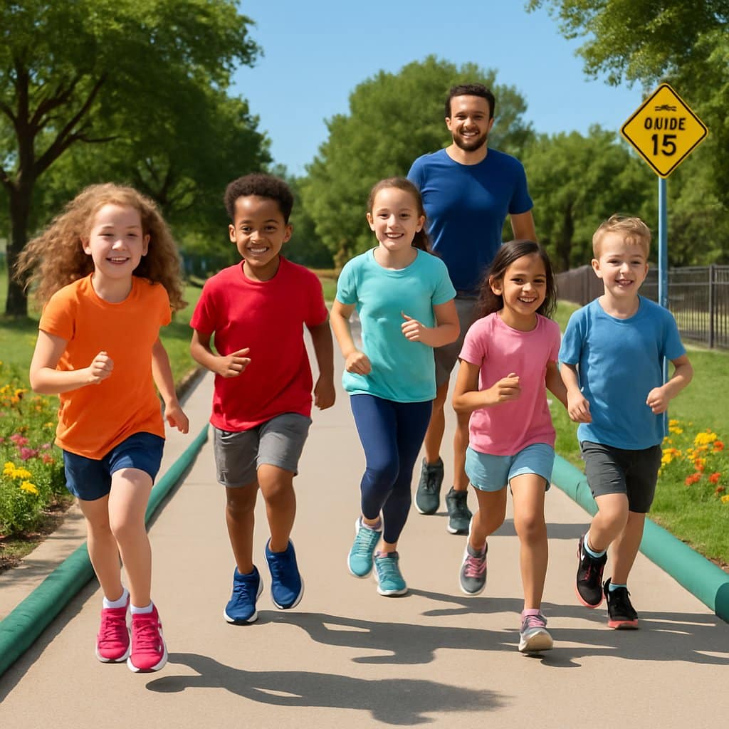 Children running on a park path with a parent walking beside them in a safe outdoor environment.
