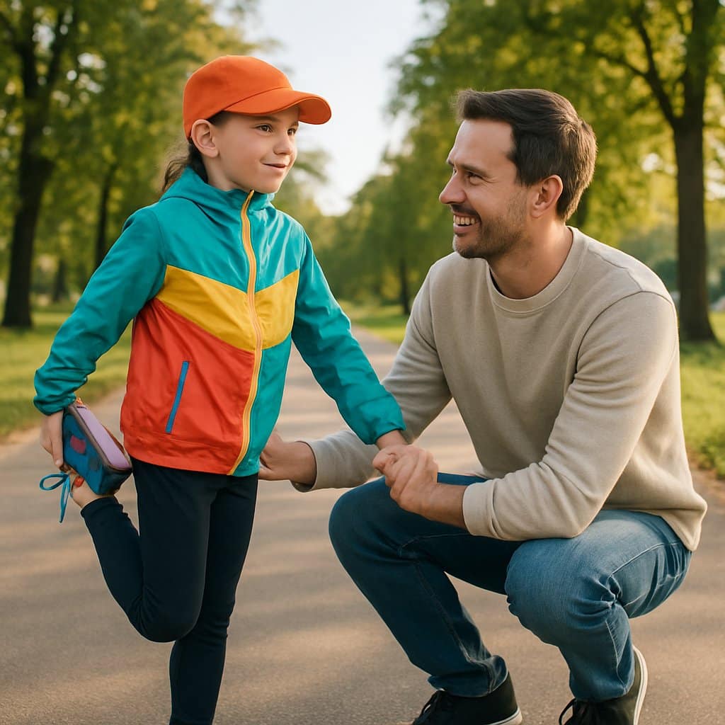 A young child stretching their legs on a running path with a parent helping in a sunny park setting.