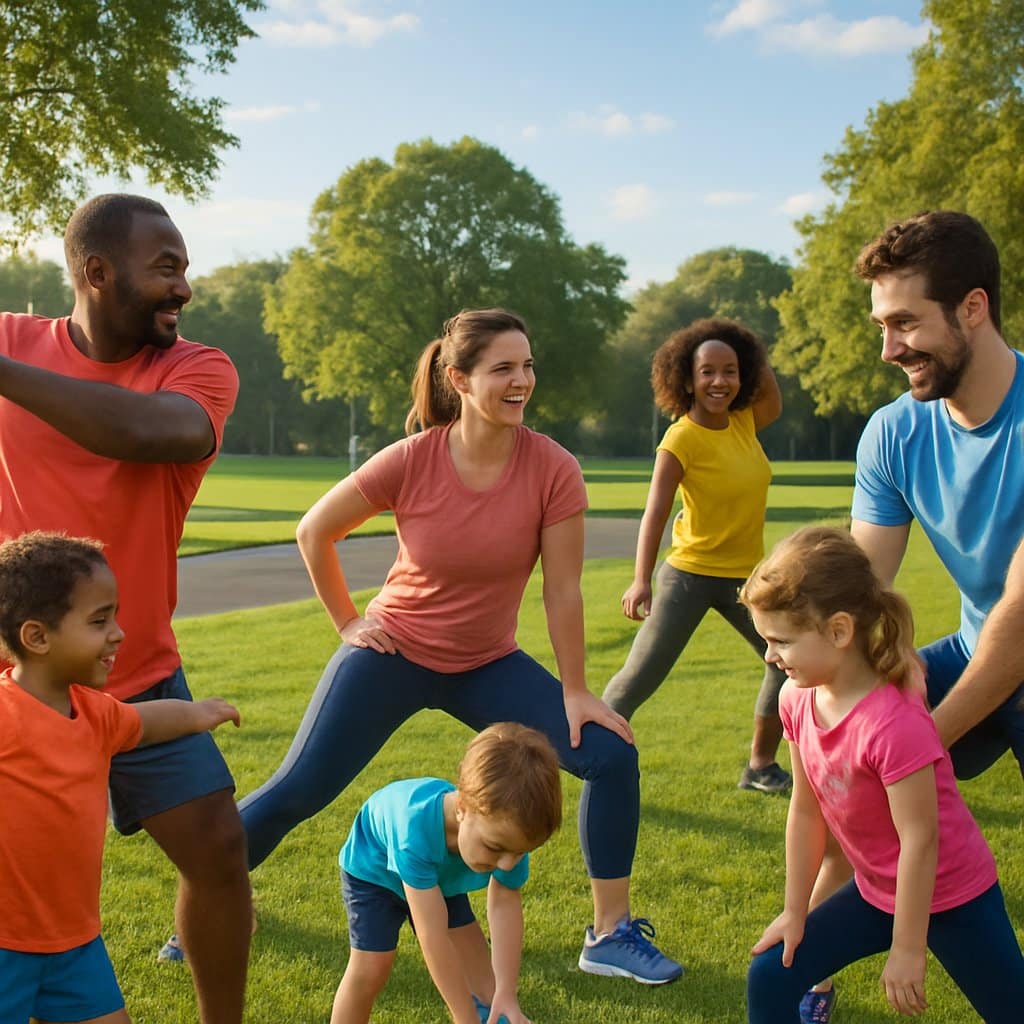 Parents and children stretching together outdoors in a park before running.