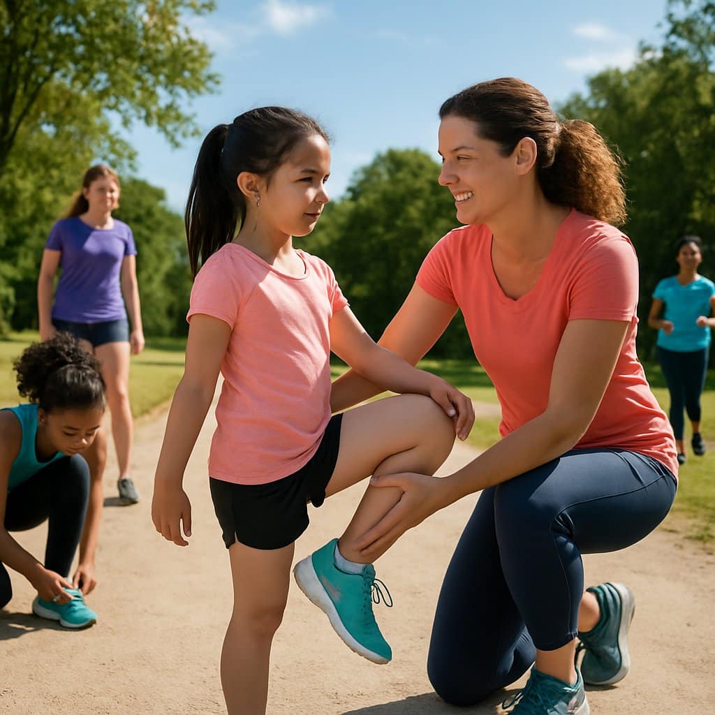 A group of girls and women stretching and warming up together outdoors before running.