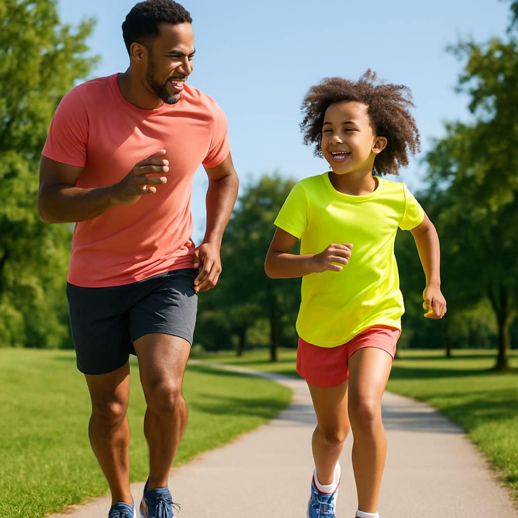 A parent and child running together on a path in a sunny park.