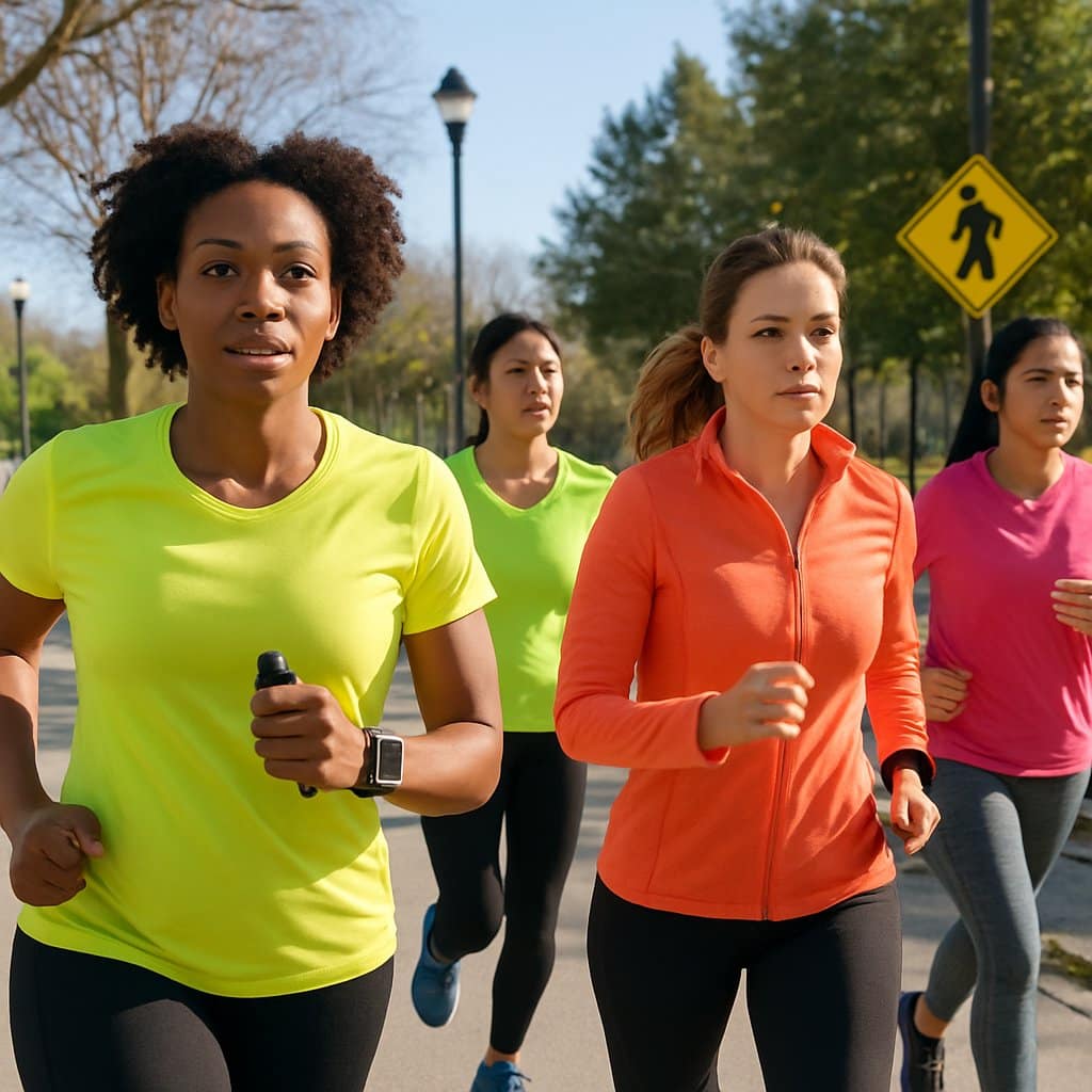 A group of women running together on a safe, well-lit park path wearing bright running clothes and fitness trackers.
