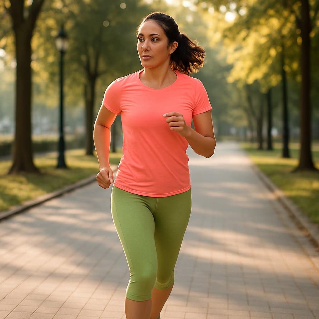 A woman jogging on a tree-lined path in an urban park during early morning, looking alert and aware of her surroundings.