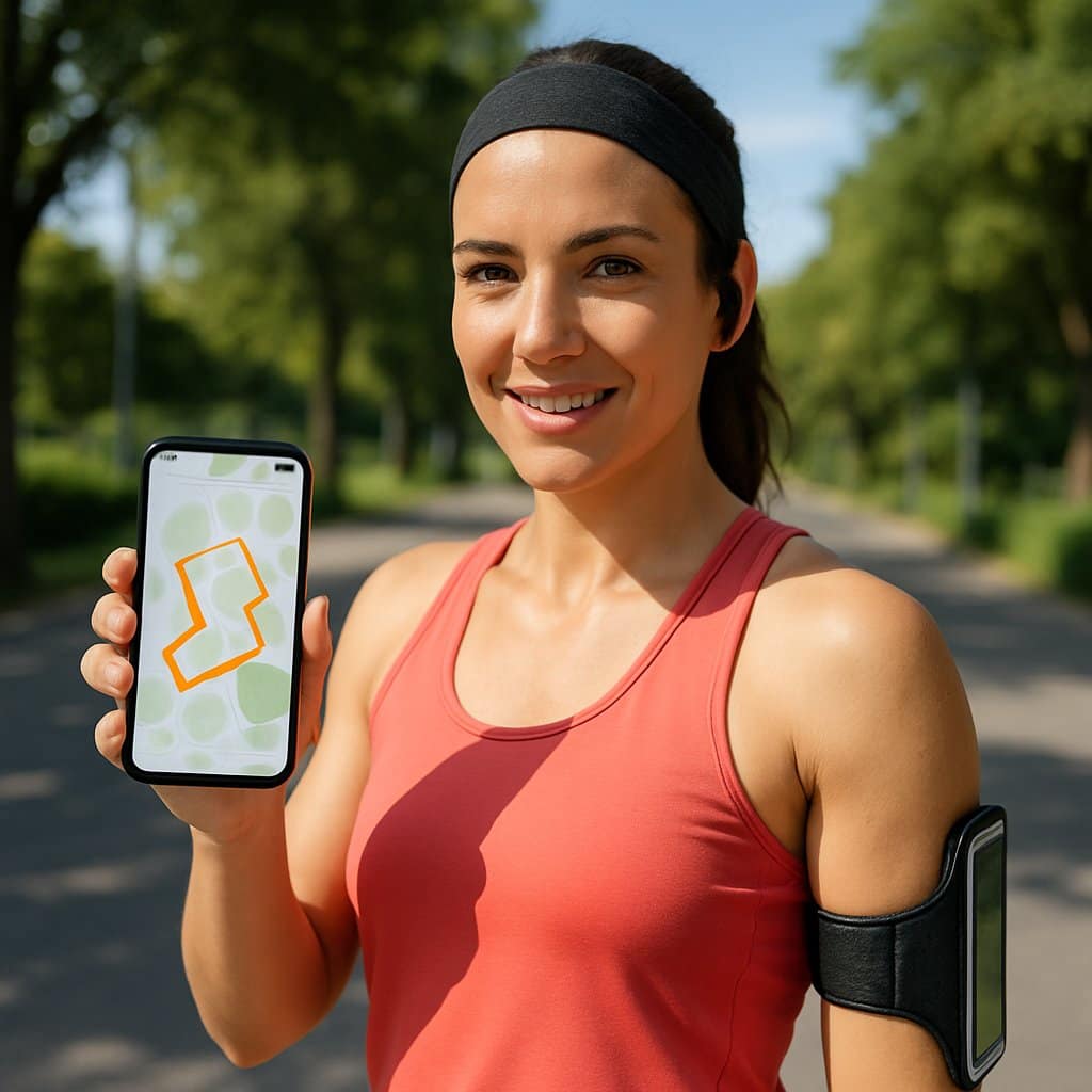 A woman in running clothes holding a smartphone with a running route map, standing on a park path surrounded by trees.