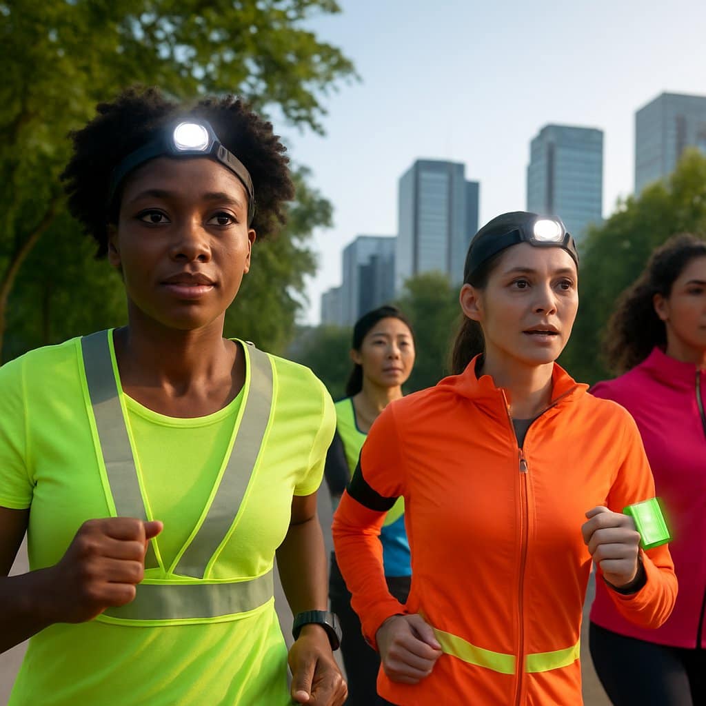 A group of women running outdoors wearing bright reflective safety gear on a city park path during early morning.