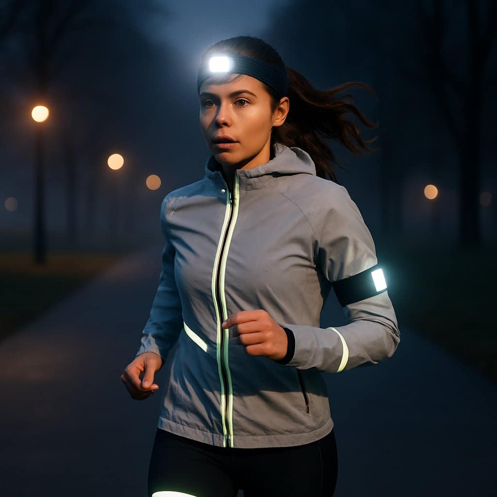 A young woman running on a paved path in a park during early morning or evening low-light conditions, wearing reflective running gear and a headlamp.