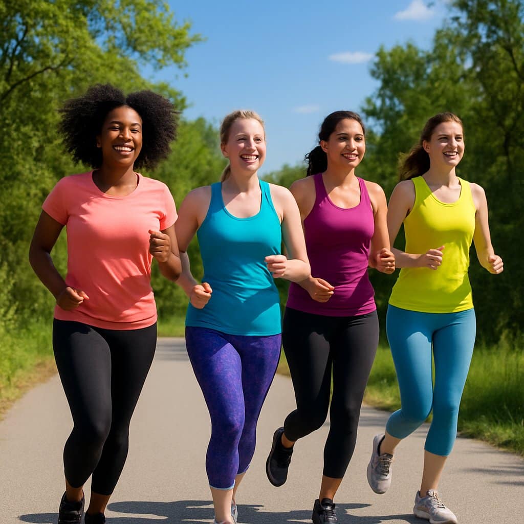 A group of women running together on a paved trail surrounded by trees and greenery.