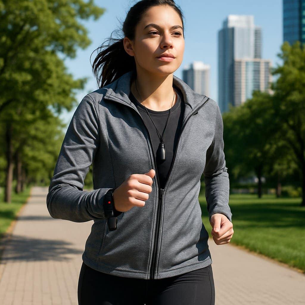 A young woman jogging on a city park path carrying personal safety tools, surrounded by trees and buildings.