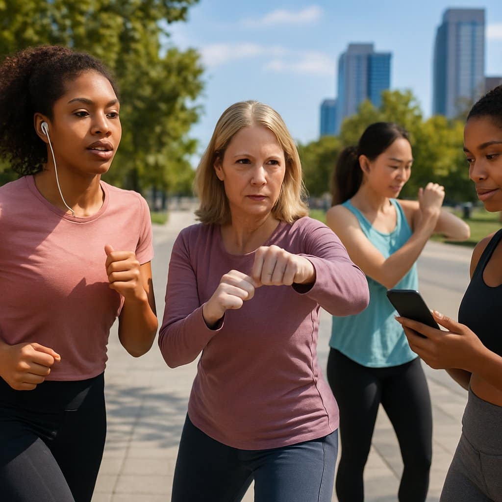 A group of women exercising and practicing self-defense in a city park during the daytime.