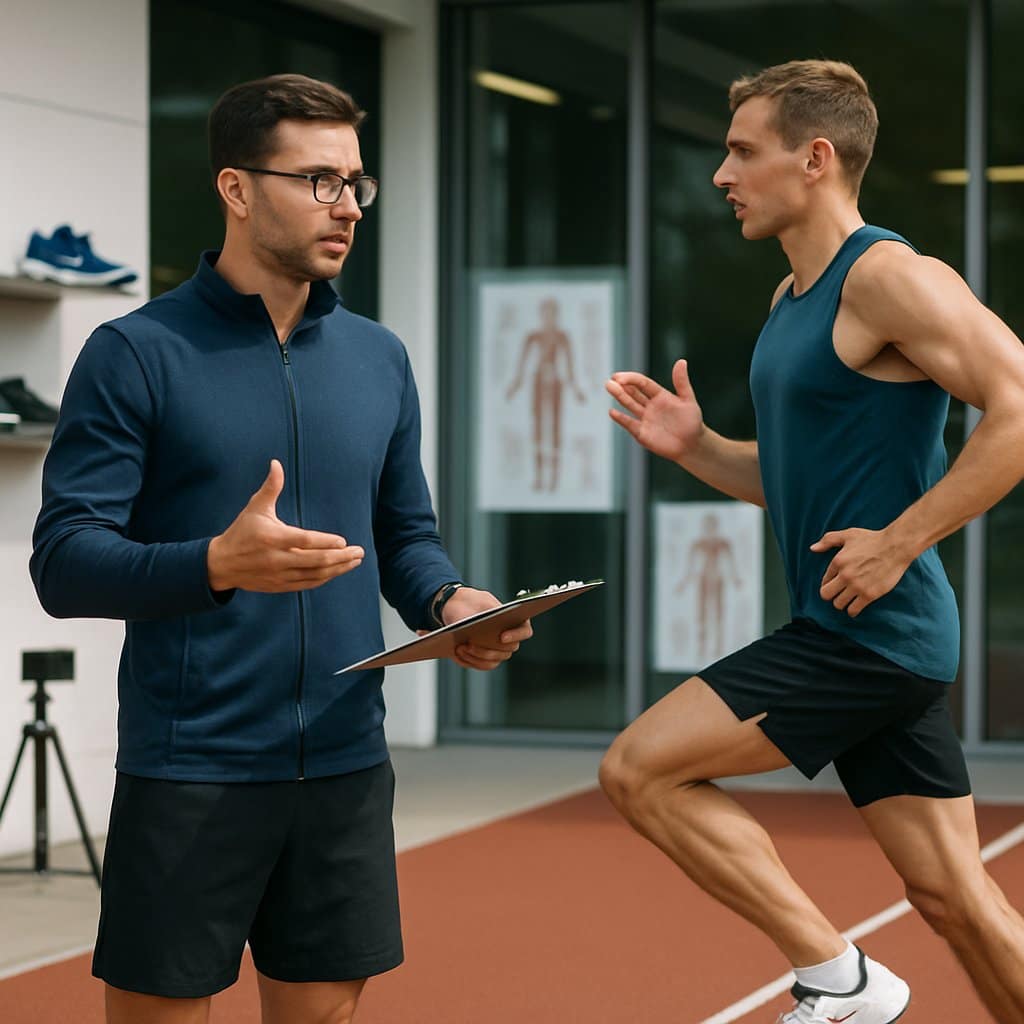 A biomechanics expert demonstrating running form to an athletic runner on a track.