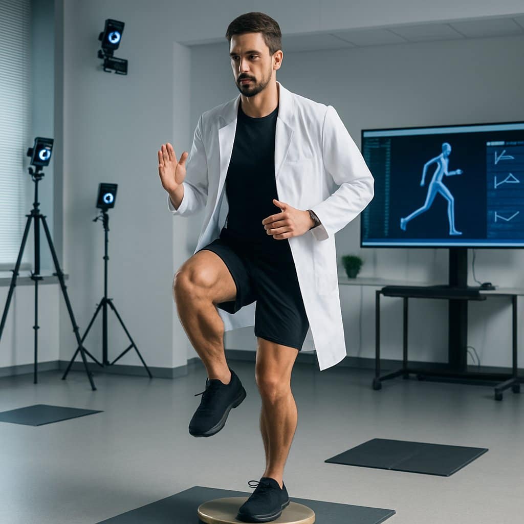 A biomechanics expert balancing on one leg on a balance board in a sports science lab with running analysis equipment around.
