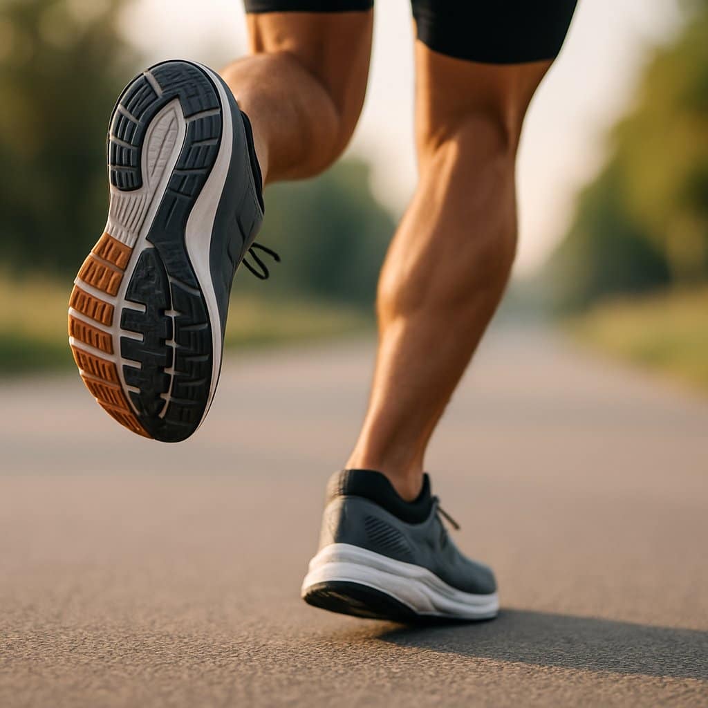Close-up of a runner's feet landing on a paved track, one foot touching the ground and the other in mid-air.