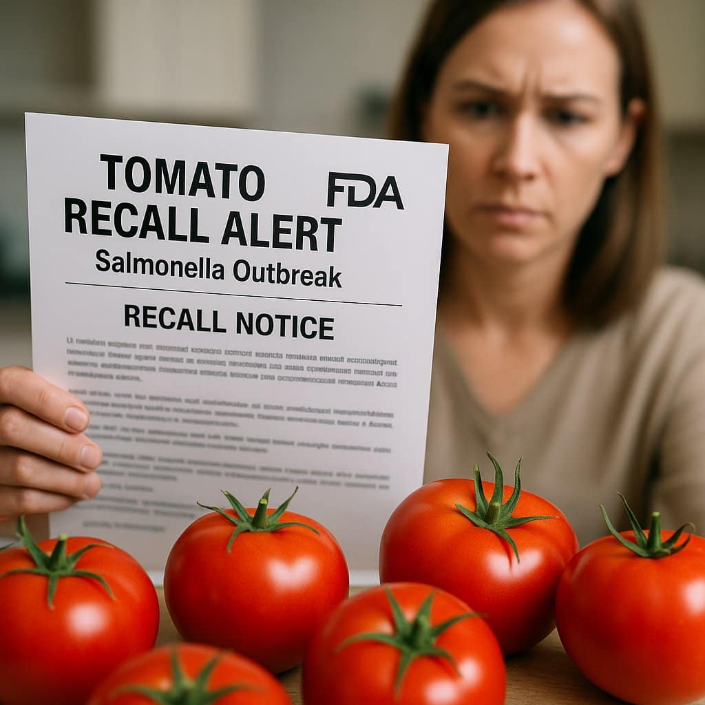 a woman holding a paper with tomatoes around it