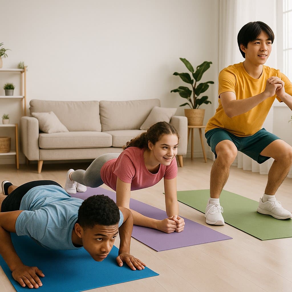 a group of people doing push ups on mats in a living room