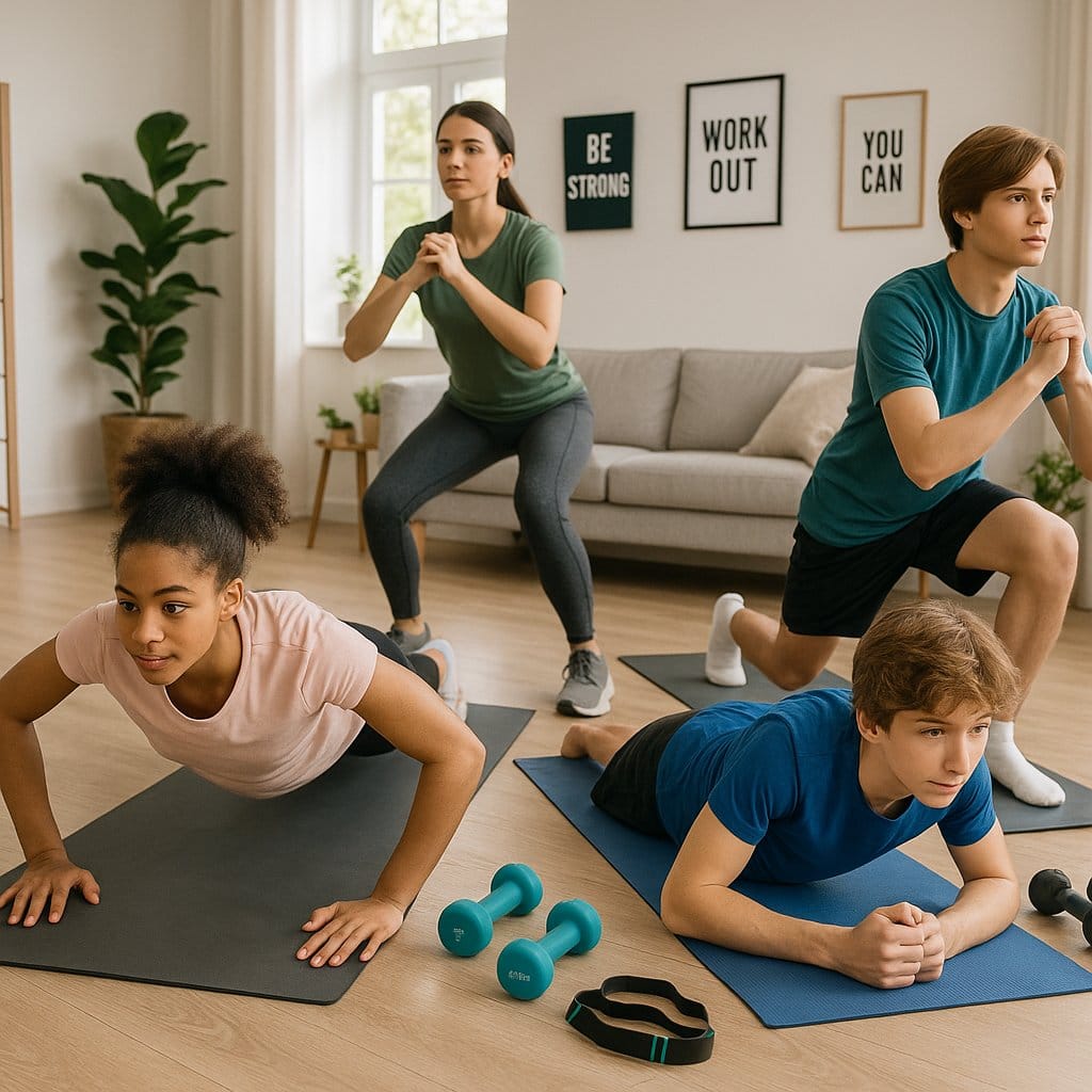 a group of people doing push ups in a living room