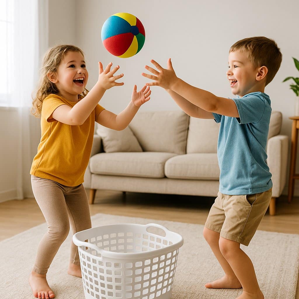 a boy and girl playing with a ball