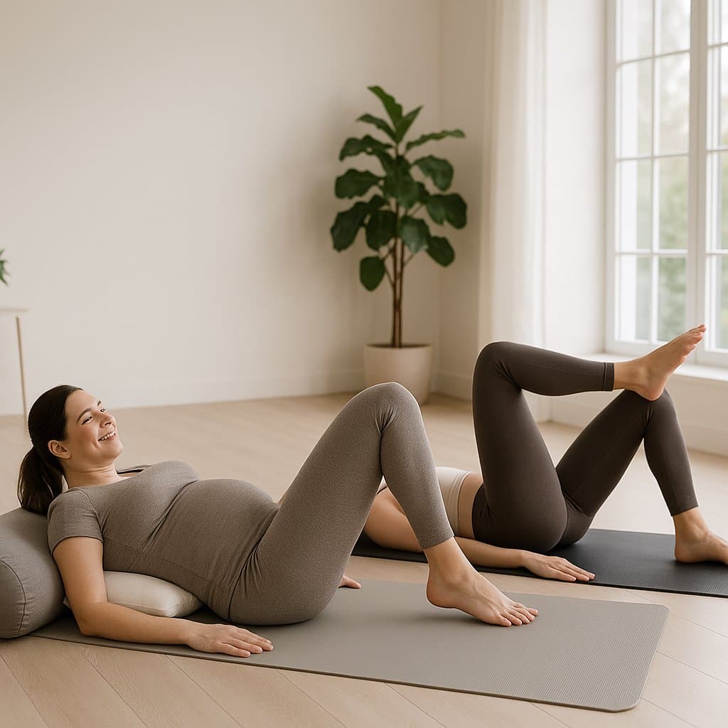 a pregnant woman lying on yoga mats with her legs up