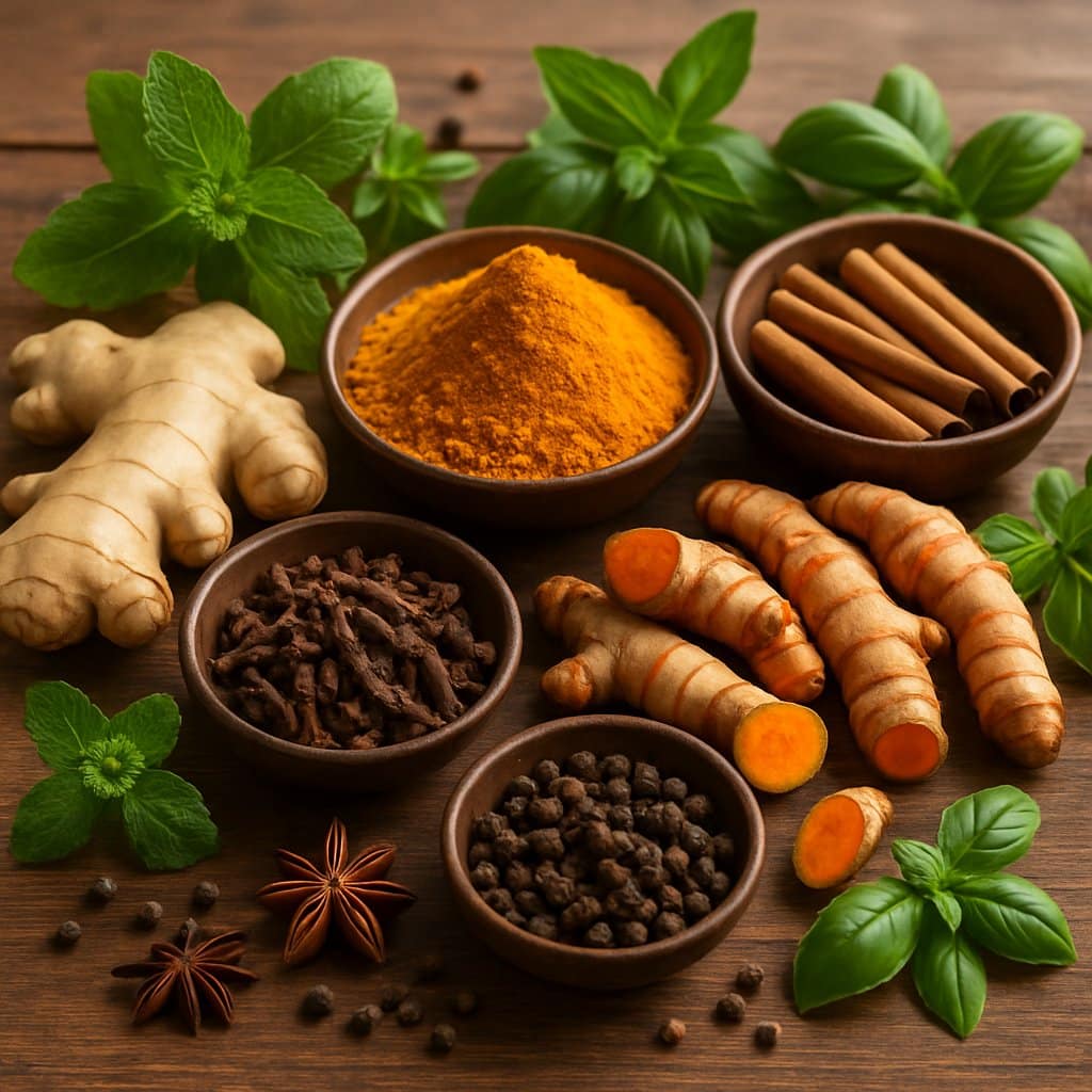 A wooden table displaying various anti-inflammatory spices and fresh herbs arranged in bowls and scattered naturally.