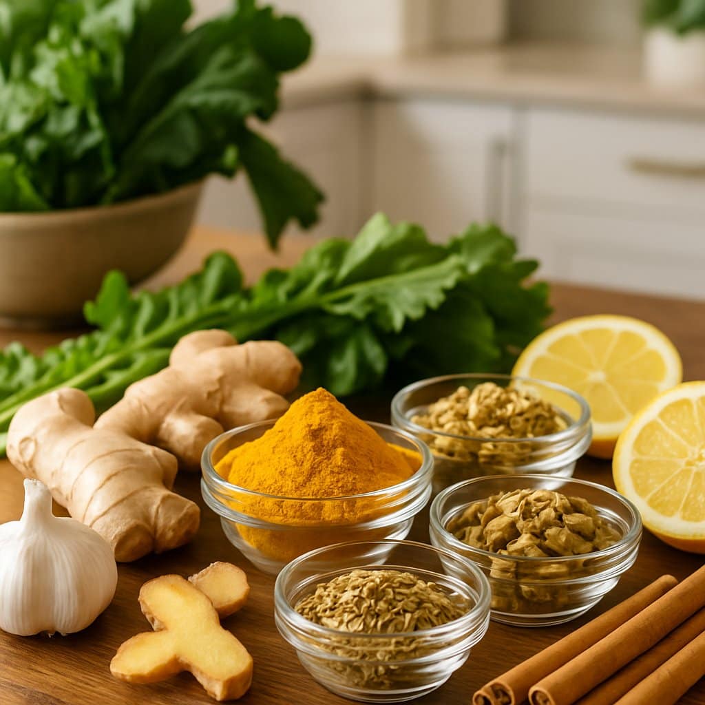 A wooden table with various fresh spices and herbs like turmeric, ginger, cinnamon, fennel, cardamom, and chamomile arranged with fresh vegetables and lemon slices.