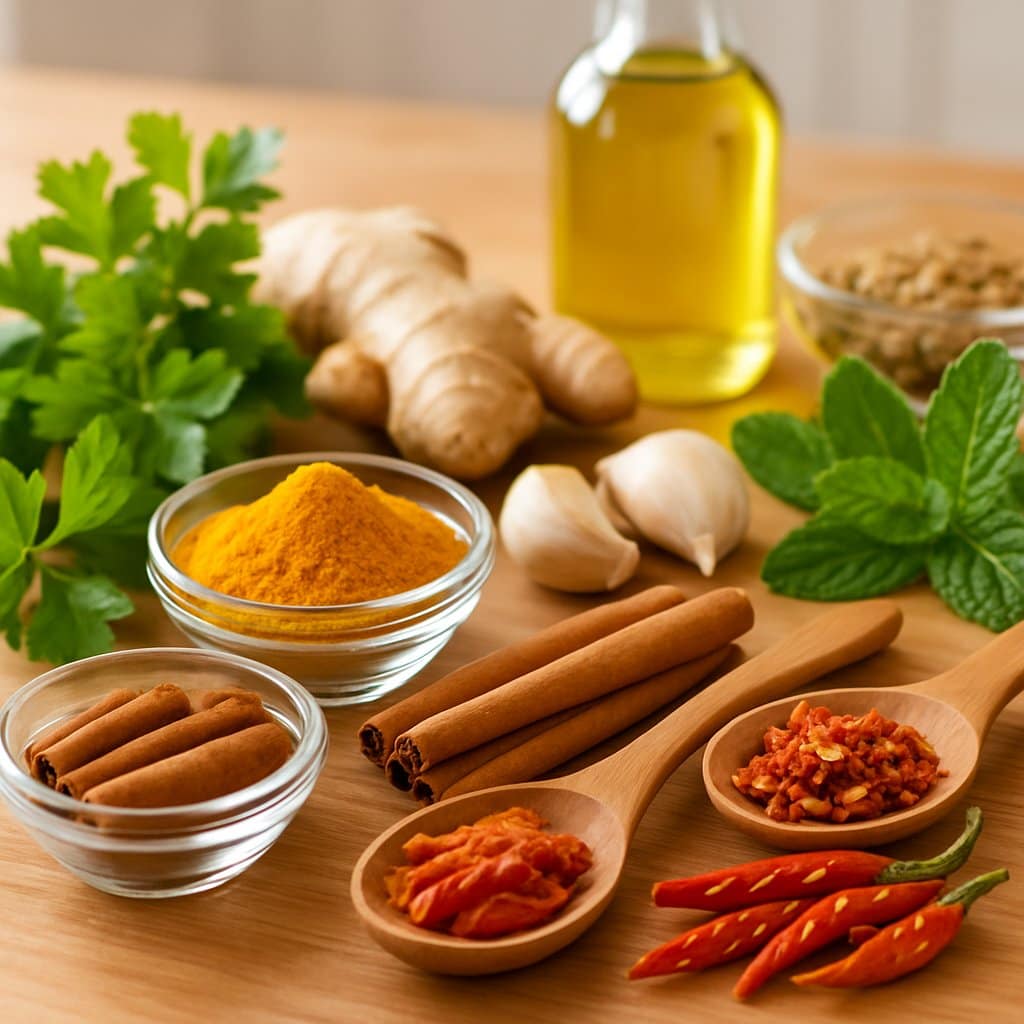 A kitchen countertop with various fresh spices and herbs arranged in bowls and spoons, including turmeric, cinnamon, ginger, garlic, chili peppers, and green herbs, with olive oil and seeds in the background.
