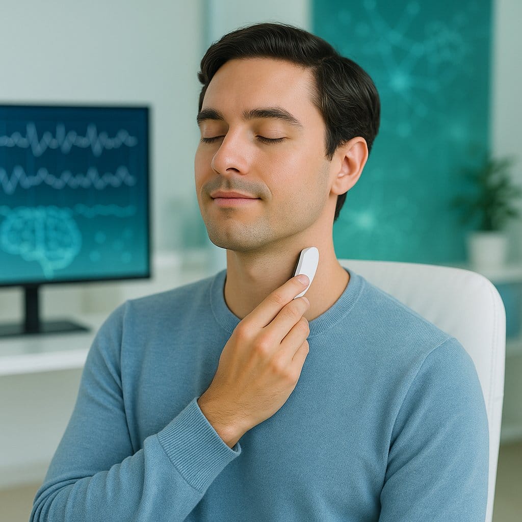 a man holding a device to his neck