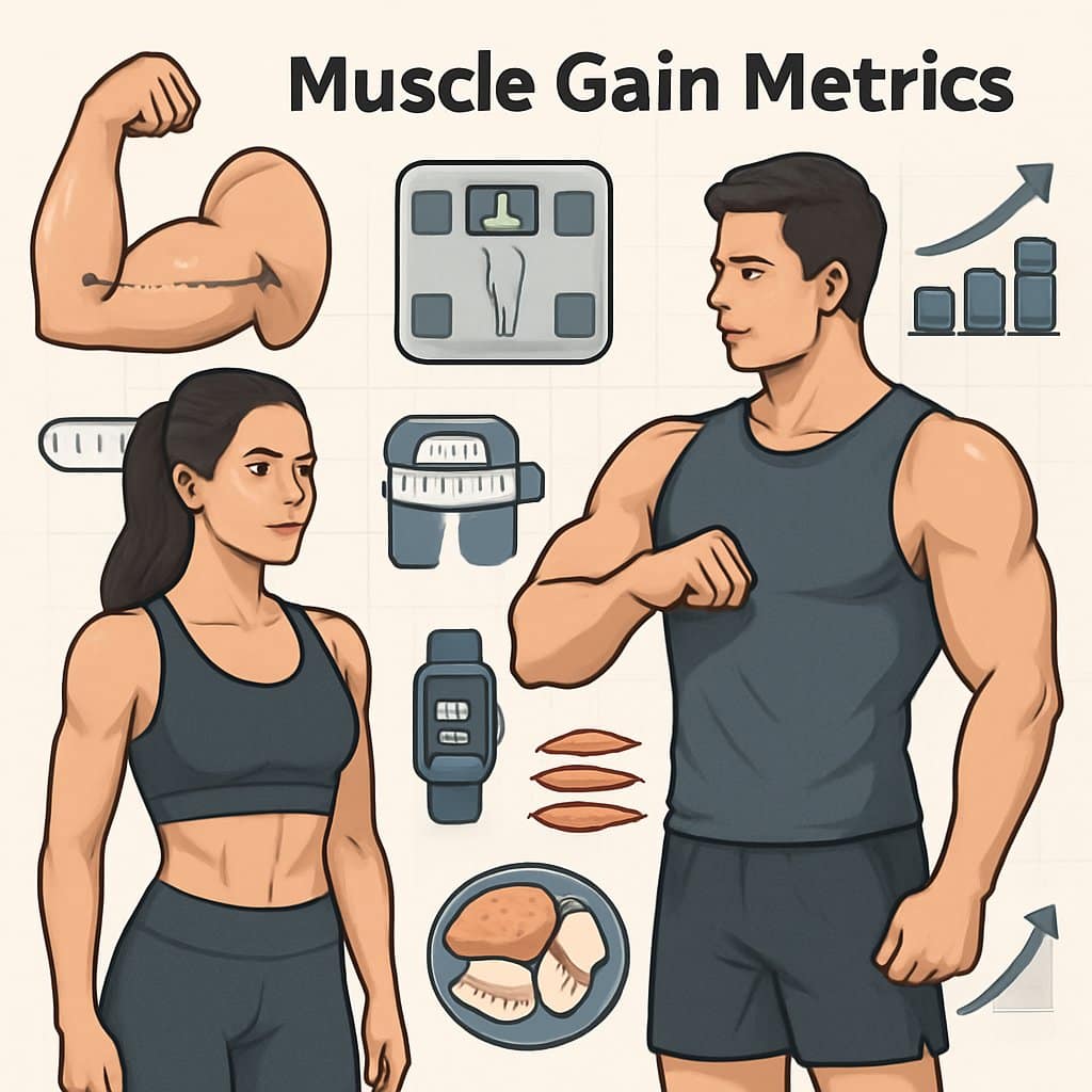 Illustration of a fit man and woman surrounded by icons and charts representing different ways to measure muscle gain, including body measurements, weightlifting, nutrition, and progress graphs.