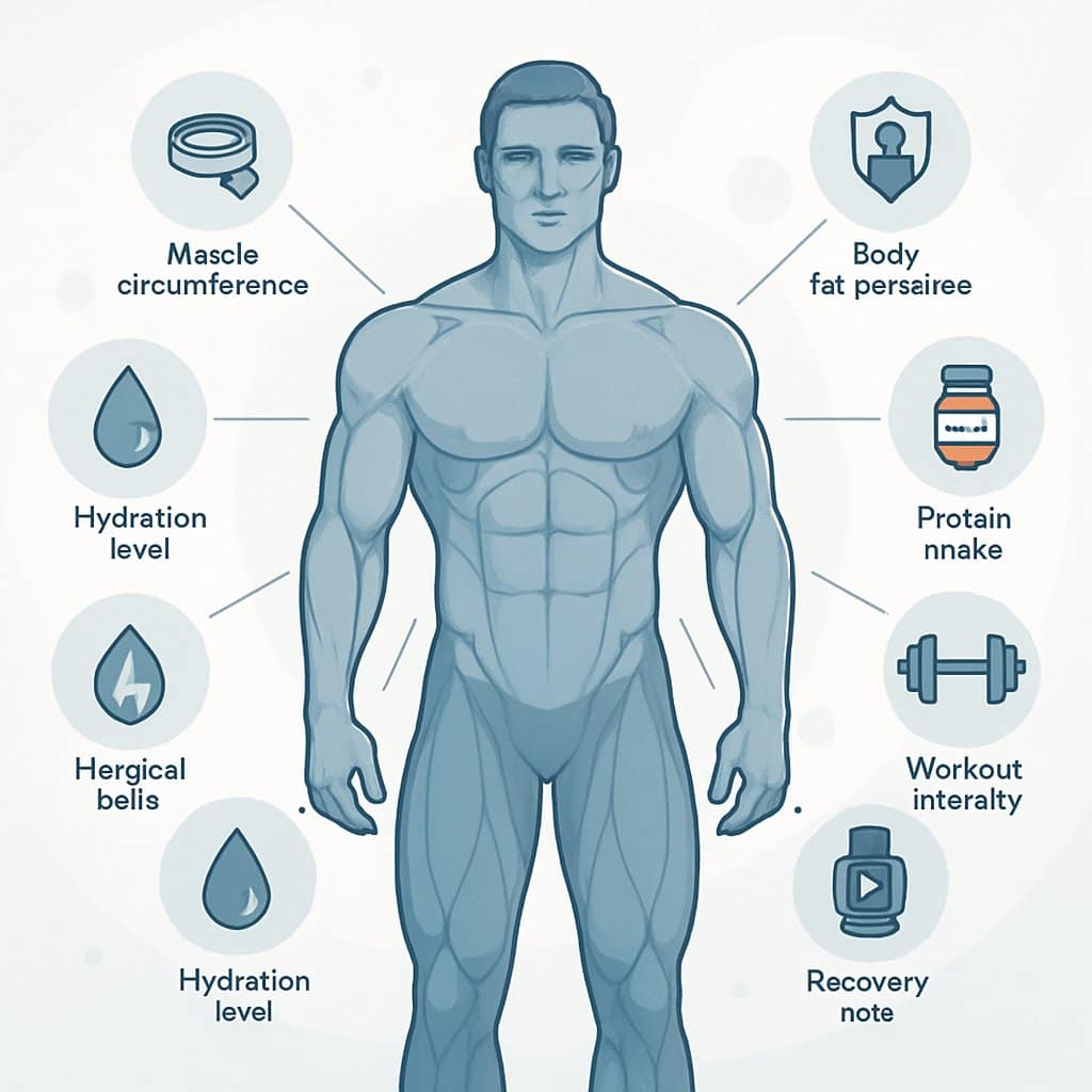 A muscular male figure surrounded by ten icons representing different measurements of muscle gain, connected by lines to various parts of the body.
