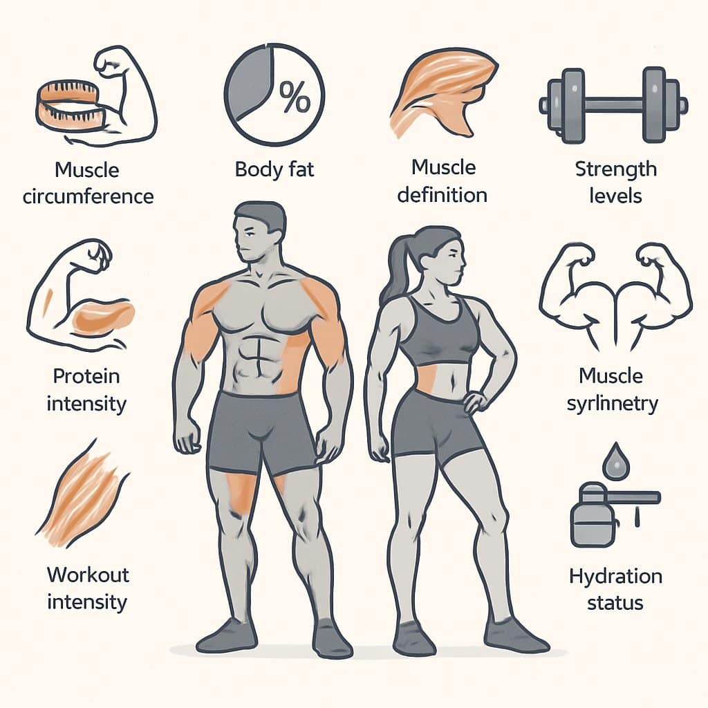 Illustration of a muscular man and woman with visual icons around them representing ten different muscle gain indicators such as measurements, strength, hydration, and workout progress.