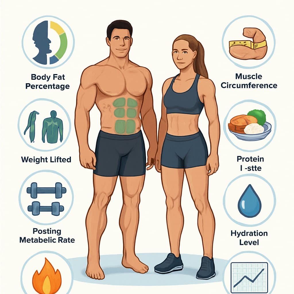 Illustration of a fit man and woman surrounded by icons representing ten muscle gain metrics like body fat percentage, lean mass, muscle circumference, weight lifted, protein intake, hydration, metabolic rate, BMI, progress charts, and workout frequency.