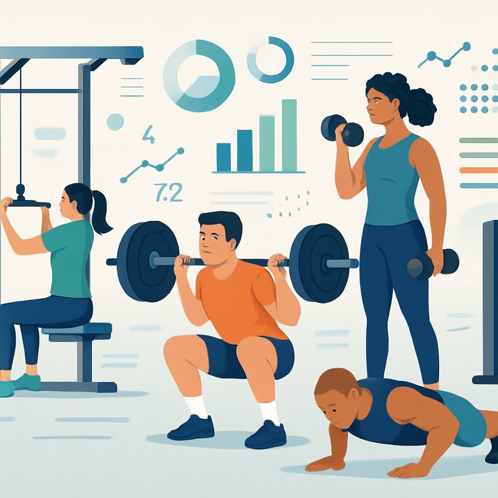 People exercising in a gym with floating charts and progress indicators representing muscle gain metrics.