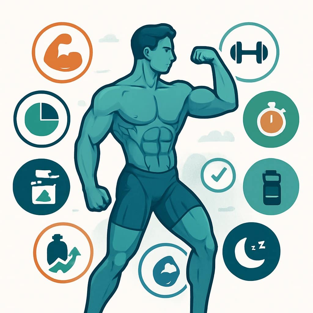 A muscular human figure surrounded by ten icons representing different aspects of muscle gain progress and expectations.
