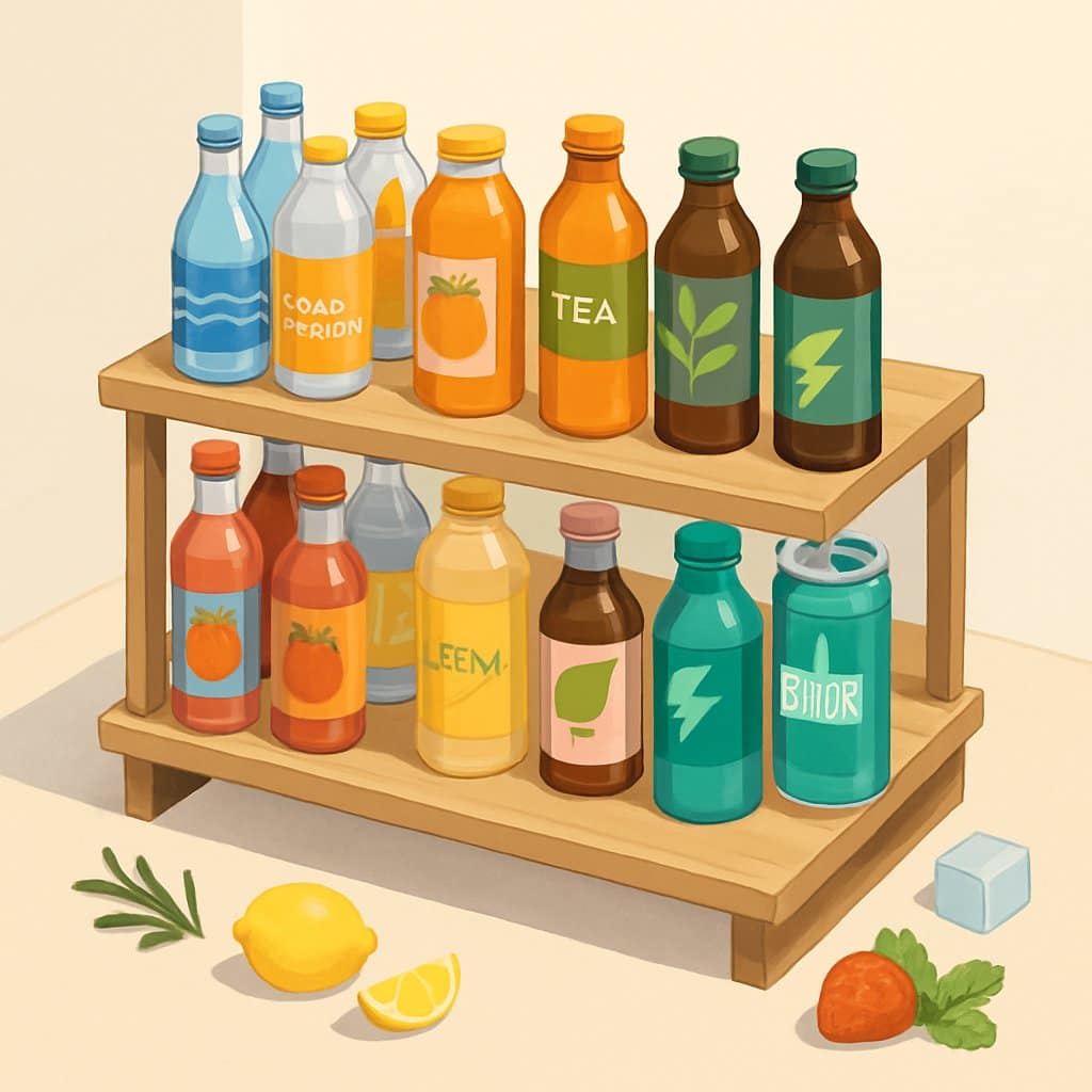 A multi-tiered shelf displaying eight different colorful non-alcoholic beverage bottles and cans with fresh fruits and herbs around them.