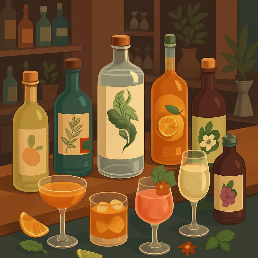 A detailed isometric illustration of a bar counter displaying a variety of colorful non-alcoholic beverage bottles and glasses with natural ingredients like citrus and herbs around them.