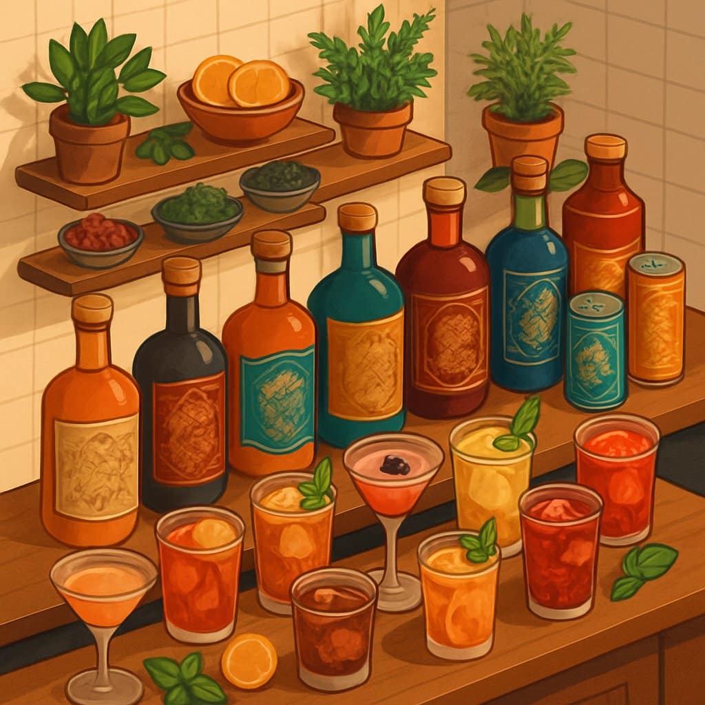 An isometric view of a bar counter displaying a variety of colorful non-alcoholic drinks in different bottles and glasses, surrounded by fresh ingredients and garnishes.