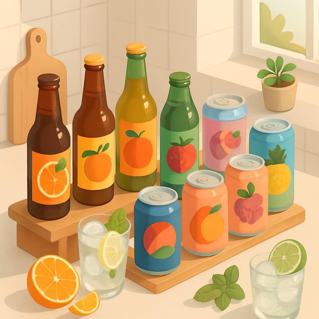 A kitchen counter with eight different bottles and cans of non-alcoholic beverages arranged on a wooden shelf, surrounded by fresh fruits, herbs, and glasses with ice and garnishes.
