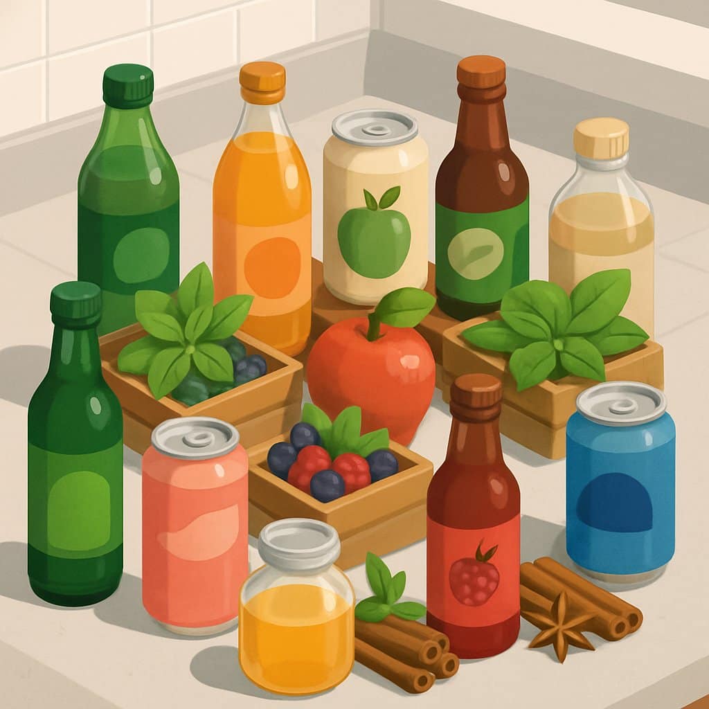 An isometric view of fresh fruits, herbs, spices, and natural sweeteners displayed alongside various bottles and cans of non-alcoholic beverages on a kitchen counter.