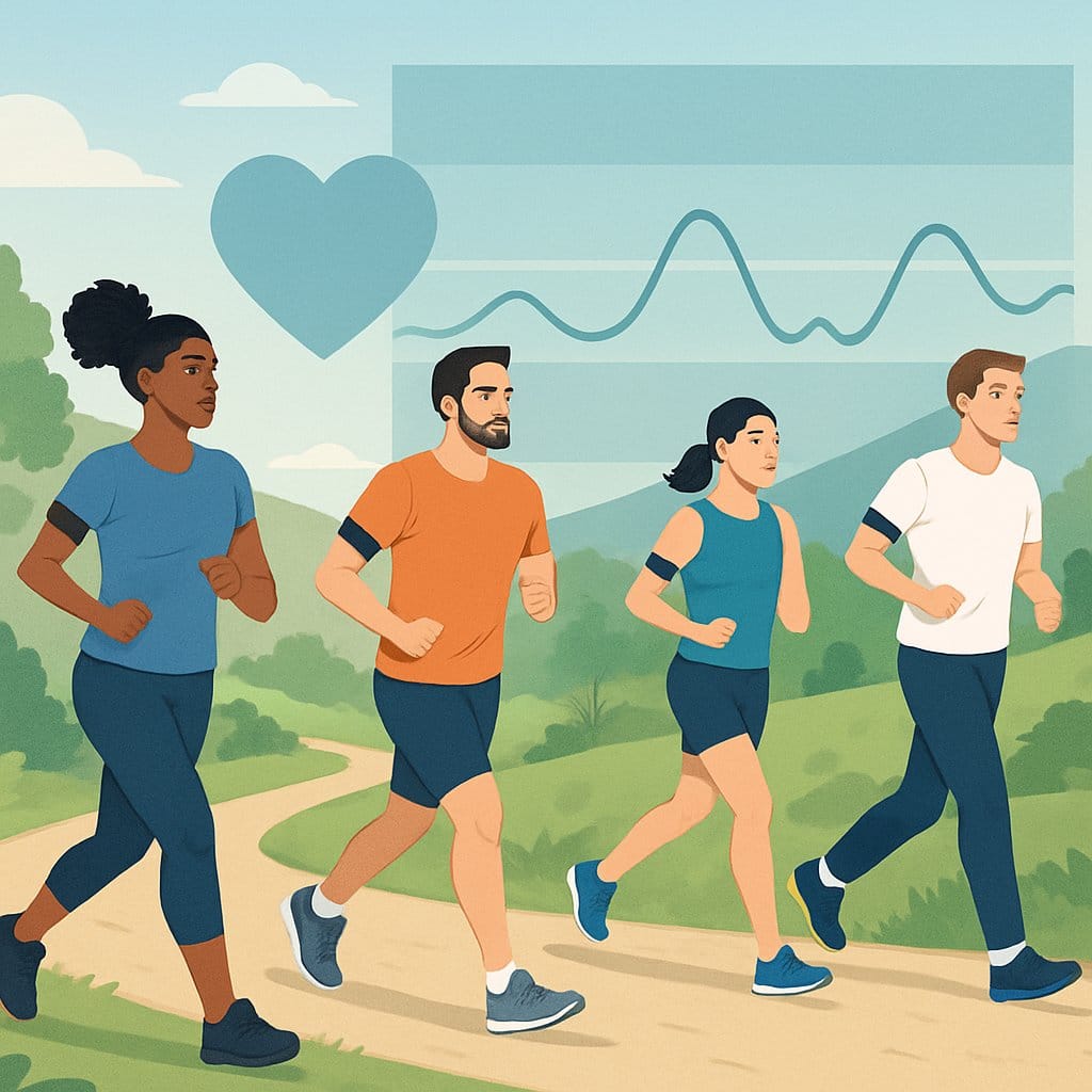 People jogging outdoors on a trail with heart rate monitors, surrounded by greenery and hills, illustrating moderate-intensity cardio exercise.