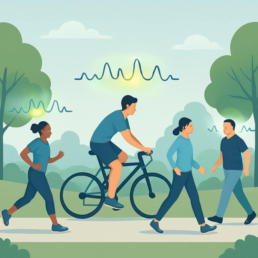 People jogging, cycling, and walking outdoors with heart rate zone indicators showing moderate exercise intensity.