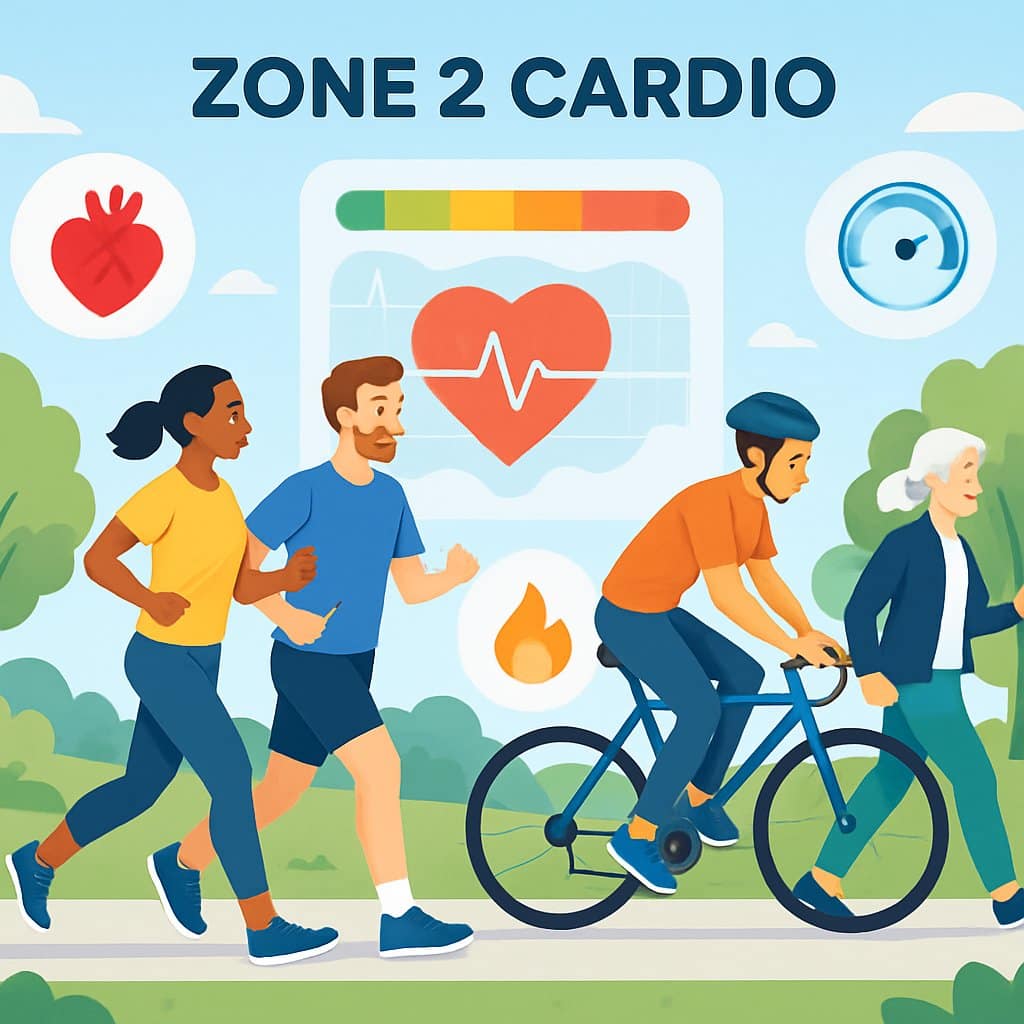 People exercising outdoors by jogging, cycling, and walking, with icons showing heart health, endurance, fat burning, and mental wellness.