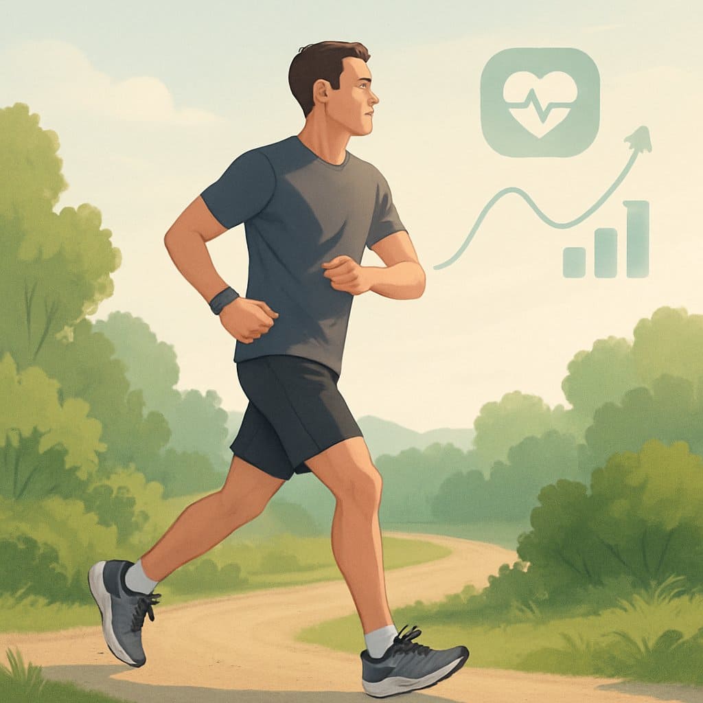 A person jogging outdoors on a green path wearing athletic clothes and a heart rate monitor watch, with subtle graphics showing heart rate and fitness improvements in the background.