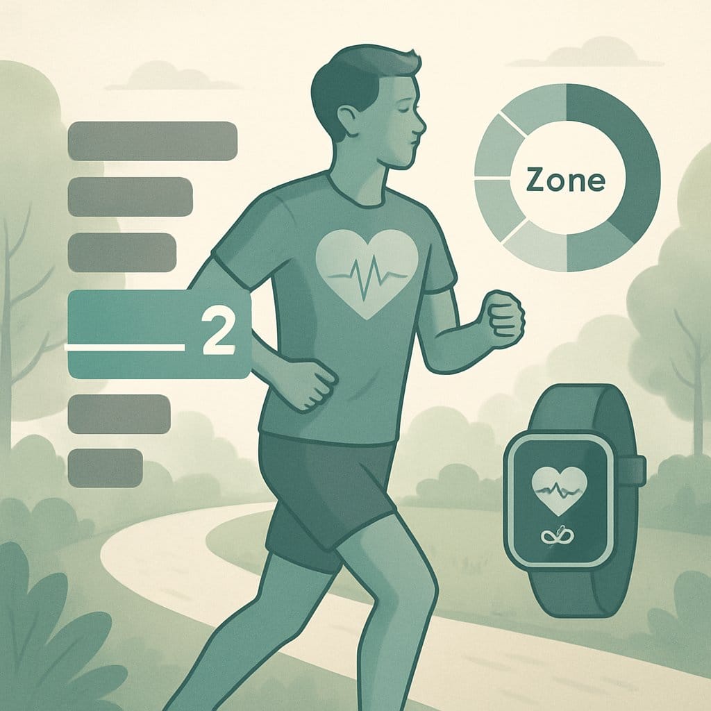 A person jogging outdoors with a heart icon near their chest and highlighted heart rate zones around them, illustrating moderate-intensity cardio exercise.
