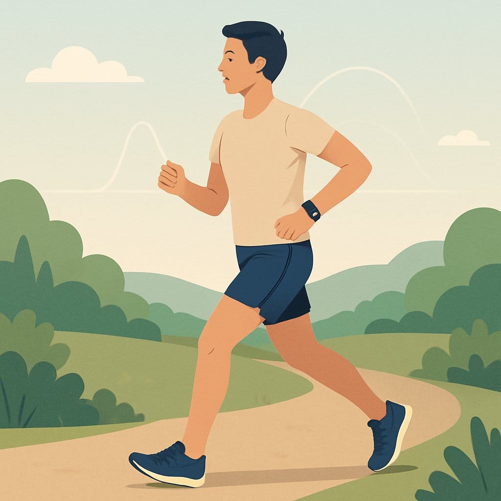 A person jogging at a moderate pace on a scenic outdoor path surrounded by greenery and hills, wearing athletic clothing and a heart rate monitor.